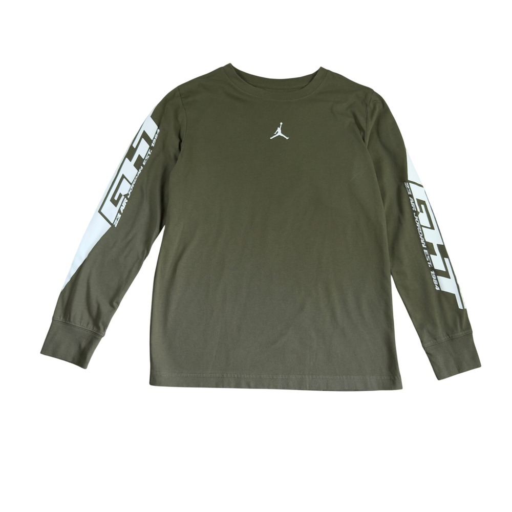Jordan Kids Olive Green Flight Long Sleeve Graphic T-Shirt Jumpman Size L 12-13Y
